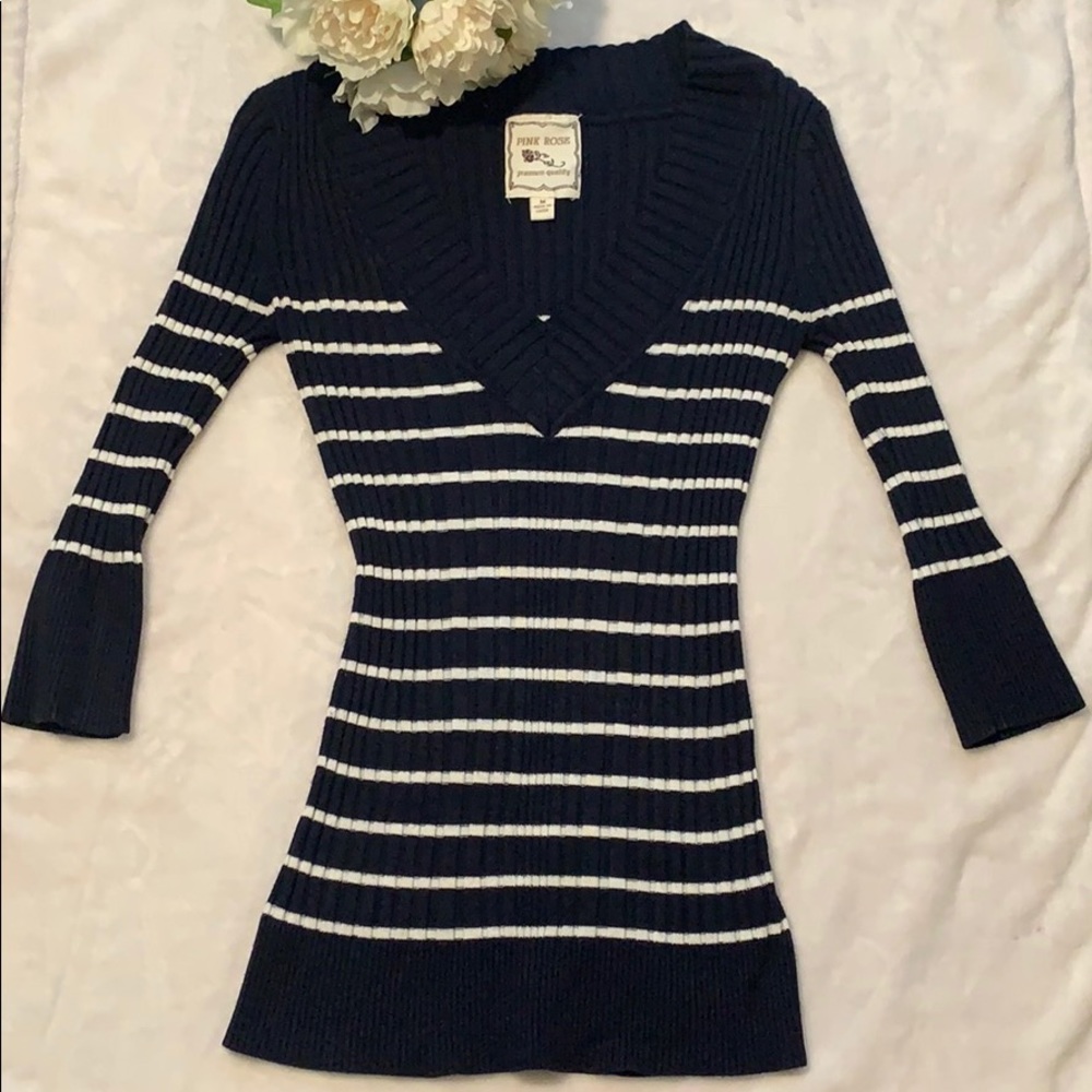 Pink Rose Navy Blue & white striped V-Neck top